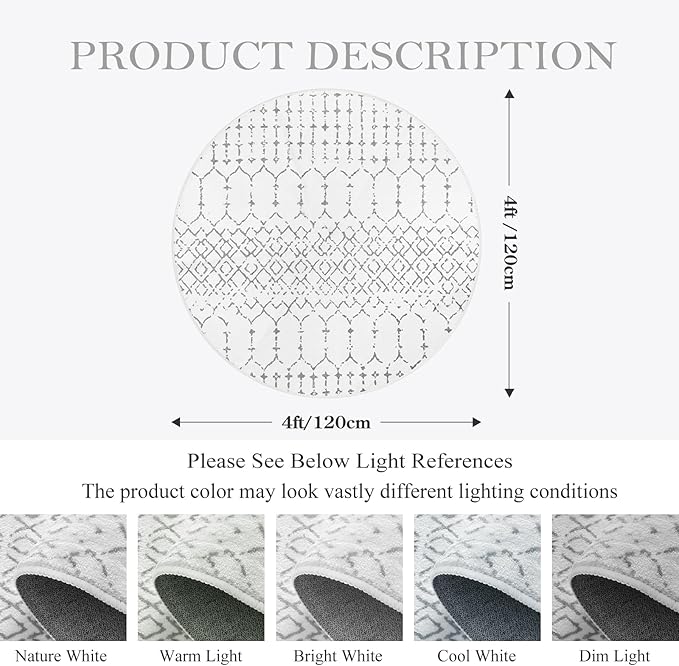 Lahome Moroccan Round Rugs 4Ft Washable Non-Slip Small Round Area Rug for Bedroom Soft White Low-Pile Round Throw Rug, Modern Geometric Print Indoor Circle Rugs for Kitchen Living Room Nursery Hana