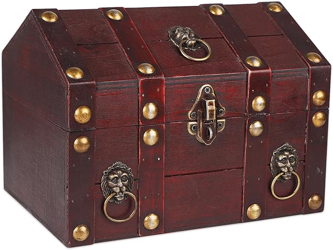 SICOHOME Large Treasure Chest 9.4“x6.9”x7“ Wooden Pirate Treasure Box with Hinged Lids, Rustic Vintage Decorative Keepsake and Jewelry Box, Trinket Storage Chest Box Christmas Ornament Storage