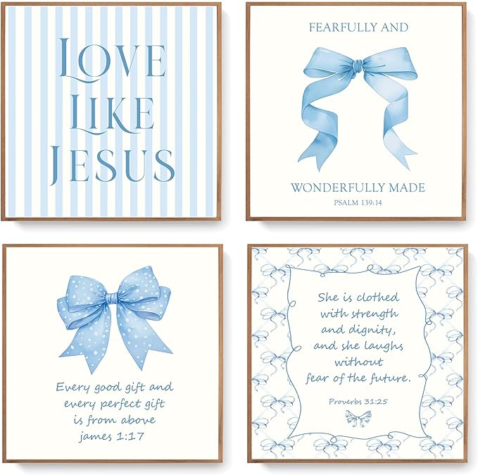 LARTSFRO Coquette Blue Bow Jesus Wall Art Decor Posters, Light Blue Bow Christian Room Bedroom Bathroom Wall Art Decor Aesthetic for Teen Girls Gifts, Inspirational Bible Verses Bow Wall Decor, 10x10 Inch Set of 4 Bow Pictures(UNFRAMED)