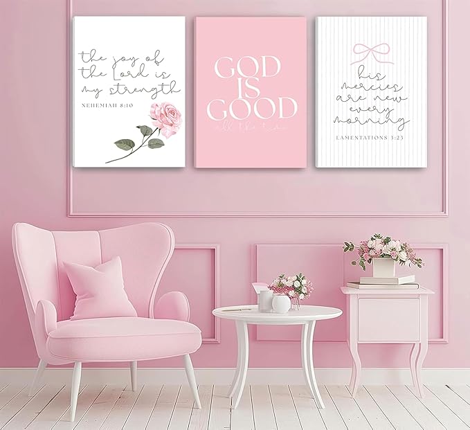 3Pcs Pink Christian Canvas Wall Art Coquette Bow Poster Print Aesthetic Picture Preppy Painting Wall Decor For Girls Bedroom Bathroom or Dorm 16x24in(Stretched Canvas On A Wooden Frame)