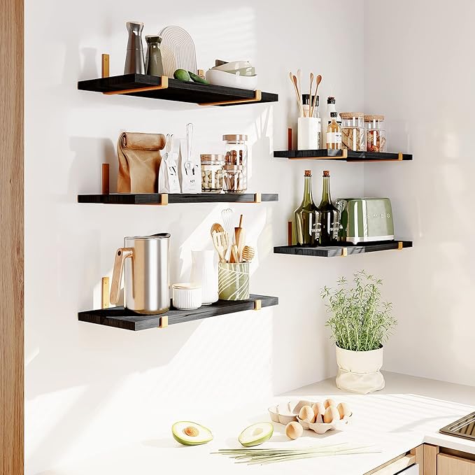 Fixwal Floating Black Gold Shelves Set of 5, Width 4.7 Inches, Rustic Wood Wall Storage Shelves for Bedroom, Living Room, Kitchen, Bathroom, Home Decor, Laundry Room, Office and Plants