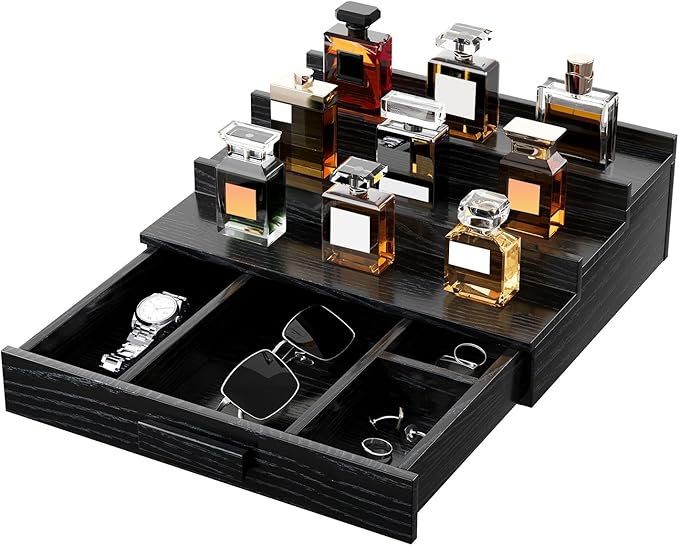 Solid Walnut Cologne Organizer for Men,Cologne Stand,3 Tier Wooden Cologne Holder Shelf Display,Perfume Stand Organizer with Drawer and Hidden Compartment,Gift for Men Dad Husband,Black