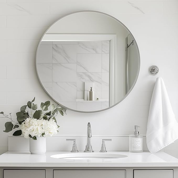 Oruii Silver Round Mirror, Silver Round Mirror 24 inch, Circle Bathroom Mirrors Metal Frame, Nickel Circle Mirrors for Wall, Over Sink, Bathroom, Living Room, Vanity, Chrome