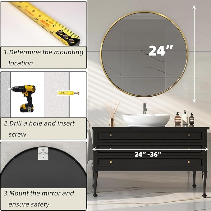 Gold Round Mirror, 24 Inch Gold Circle Mirror, Metal Frame Round Wall Mounted Mirrors for Bathroom, Living Room, Bedroom, Entryway, Vanity, Golden, Brass
