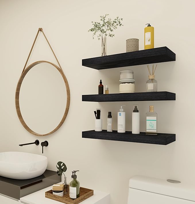 Vervida® Home Decor Floating Shelves for Wall 3 Pack 17" W x 6.8" D Black Shelves for Bedroom, Living Room, Kitchen, Bathroom Decor Hanging Shelves for Wall Storage Shelf