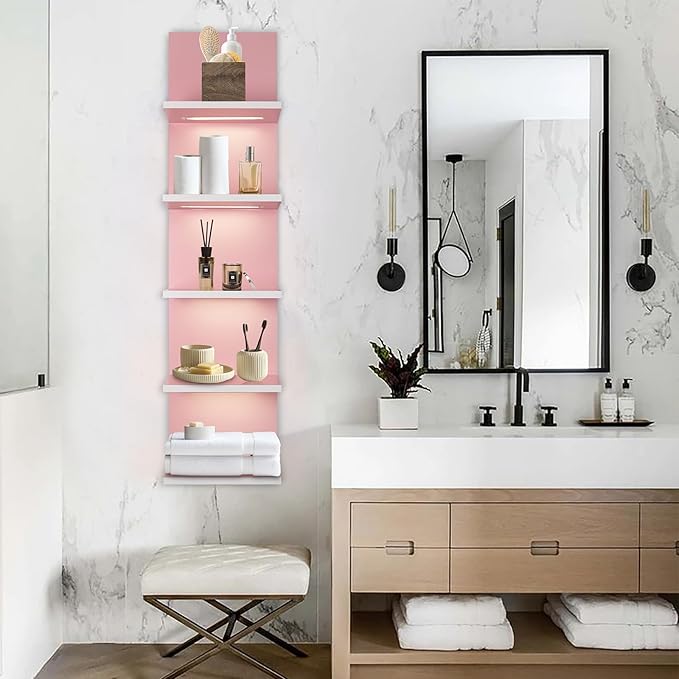 5 Tier Pink Wall Shelf Unit, Pink Shelves, Wall Shelves for Bathroom,Bedroom, Vanity Shelves, Wall Mount Vertical Lack Shelf with led