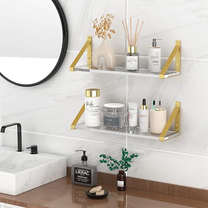 Clear Shelves, Gold Floating Shelves Wall Mounted Set of 2, 8mm Transparent Acrylic, Invisible Wall Shelves for Bedroom, Living Room, Bathroom, Kitchen, Office Display Decor (15in)