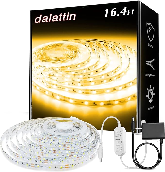 dalattin Warm White LED Strip Lights, 3000K Tunable Soft White Light Strip 16.4ft, Bright 300 LEDs, White Led Lights for Bedroom, Mirror, Kitchen Decoration