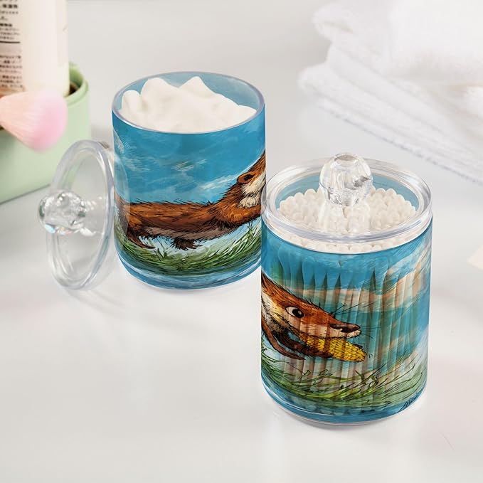 2 Pack Apothecary Jars,Otter Carries Corn Bathroom Vanity Storage Organizer Set,Small Clear Plastic Storage Jars Bathroom Canister for Cotton Swabs,Rounds,Balls,Qtips,Makeup Sponges