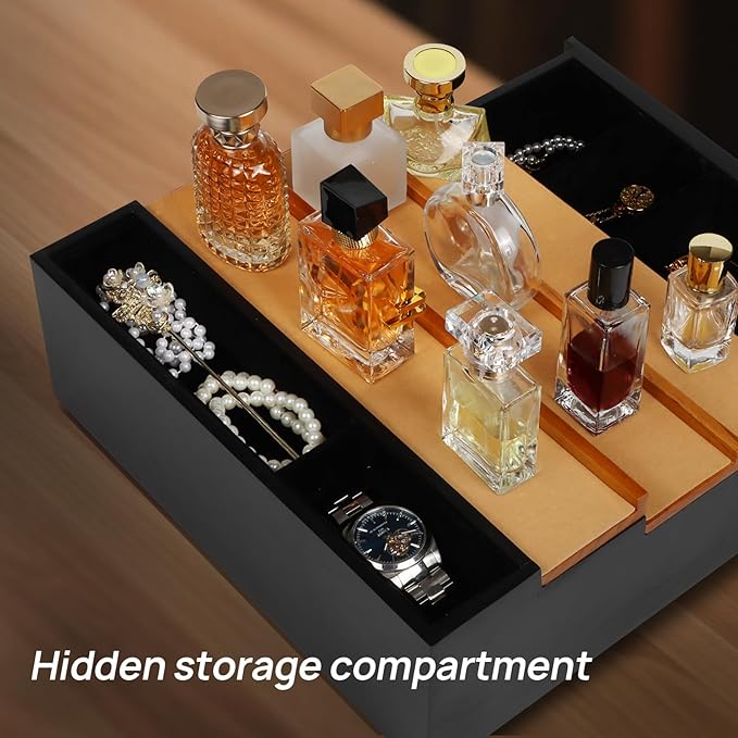 Cologne Organizer for Men，4 Tier Wood Perfume Display Stand with Velvet Lining Drawer and Hidden Compartment ，Perfume Organizer for Men，Great Gift for Man (Black Walnut)