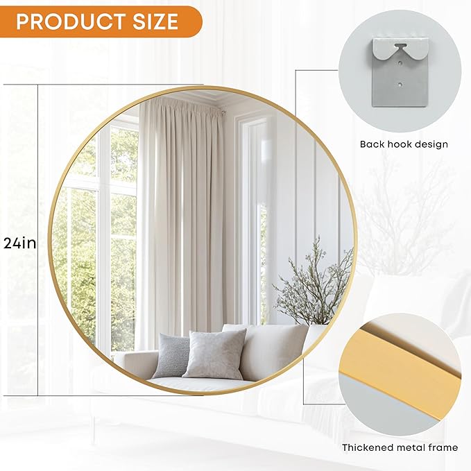 Round Mirror, Wall Mounted Circle Mirror with Brushed Metal Frame, Circular Mirrors for for Bathroom, Living Room, Vanity, Bedroom, Entryway, 24inch, Gold