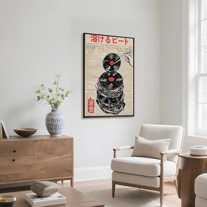 RINMFEO Japanese Retro Music Canvas Art Vintage Melting Vinyl Record Newspaper Print Abstract Beat Poster Funny Aesthetic Wall Decor For Home Bedroom Dorm 12x16inch Black frame