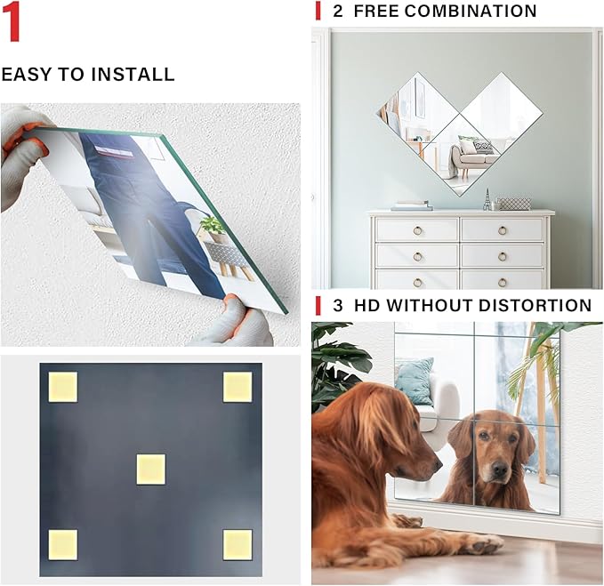 JAMBALAY Home Gym Mirrors for Gym, 8Pcs 12″×12″ Square HD Glass Full Length Wall Mirror Tiles, Self Adhesive Frameless Wall Mirror for Bedroom, Living Room, Over The Door