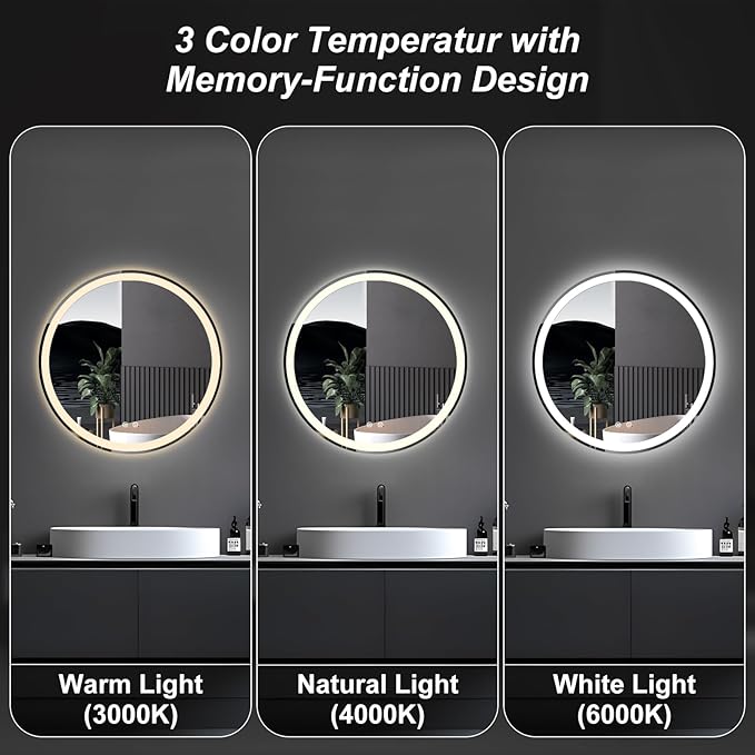 Sweetcrispy 36-Inch Round LED Bathroom Backlit Mirror with Lights, Circle Vanity Mirror with Anti-Fog, Dimmable, 3-Color Light, Memory Function, Tempered Glass