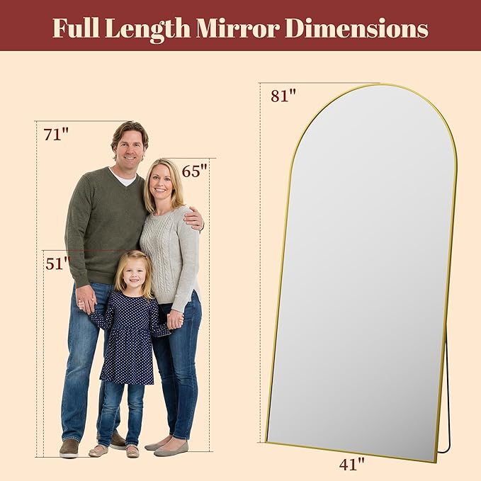 Suidia 81"x41" Arched Full Length Mirror with Stand, Full Body Mirror with Aluminum Frame, Freestanding/Leaning/Wall-Mounted, Floor Mirrors for Bedroom, Living Room, Entryway, Dressing Room, Gold