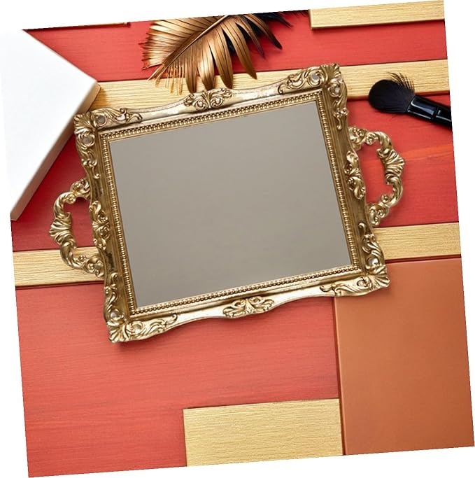 Veemoon Vintage Carved Mirror Tray Nordic Style Golden Resin Decorative Storage Plate for Perfume Makeup Organizer Wedding Dessert Table