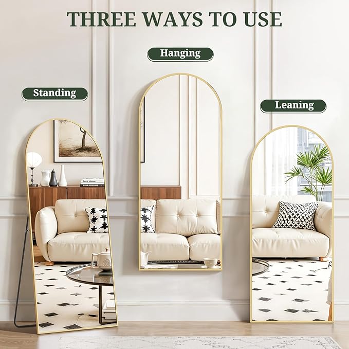Mirror Full Length 56"x21" Full Body Floor Mirror with Stand, Shatterproof Glass, Aluminum Alloy Frame, Free Standing Wall Mounted or Leaning Arched Mirrors for Bedroom Living Room Entryway