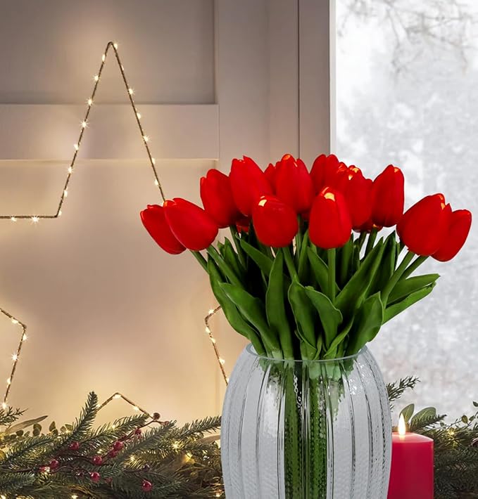 HOMESEASONS Lighted 20pcs LED Lighted Fake Flowers Artificial Tulips Real Touch Tulip Bouquet 15" Faux Tulips for Easter Decor Spring Decor Mother's Day Home Kitchen Wedding Decorations (Red)