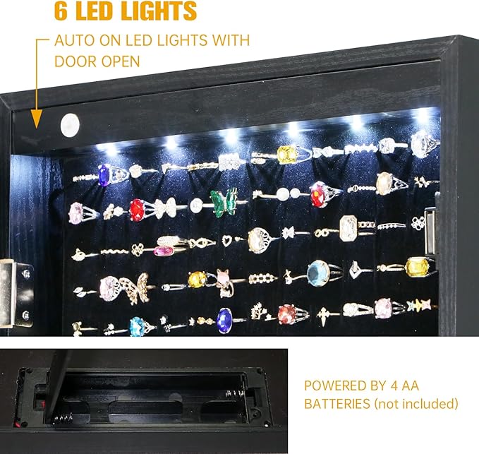 LED Jewelry Cabinet Armoire Organizer,Wall/Door Mount Jewelry Organizer and Storage with Full-Length Mirror Hanging Jewelry Organizer Full Length Mirror with Storage Large Capacity Black