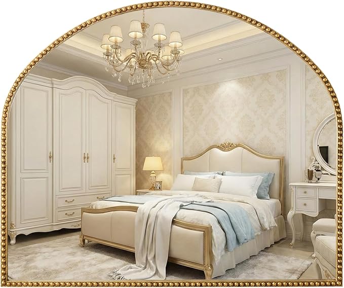 Arched Gold Decorative Wall Mirror 28"x35" Vintage Beaded Frame for Bathroom, Bedroom & Living Room