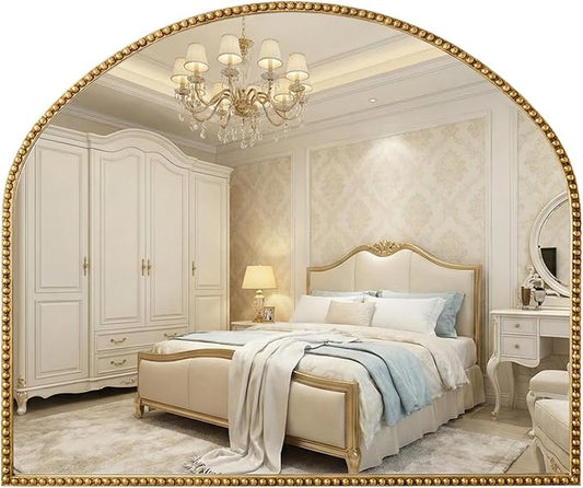 Arched Gold Decorative Wall Mirror 28"x35" Vintage Beaded Frame for Bathroom, Bedroom & Living Room