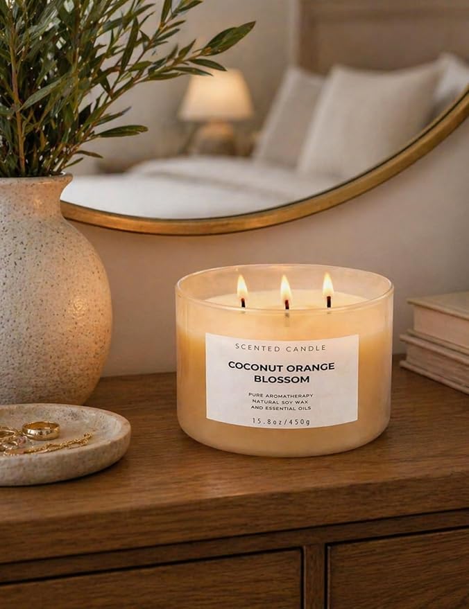 Coconut Orange Blossom 3-Wick Soy Candle | 15.8 oz Large Scented Candle for Home | Clean Burn Long Lasting | Creamy Floral Citrus Scent | Gift Ready