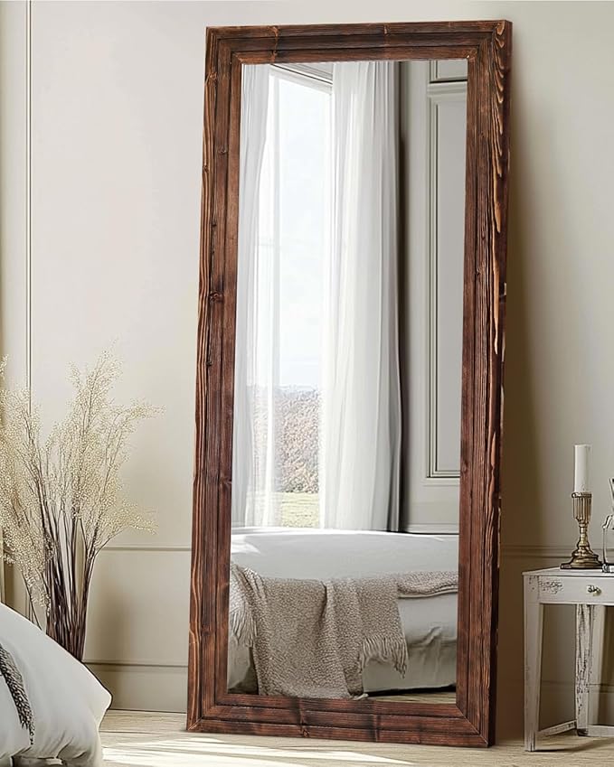 Full Length Mirror 71"x30" Solid Wood Frame Floor Large Mirror for Living Room, Bedroom Hanging or Leaning Wall-Mounted, Brown
