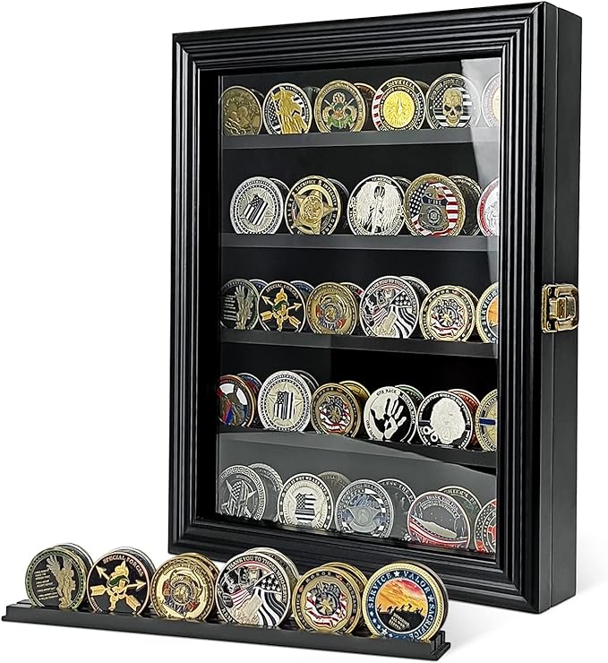 ASmileIndeep Military Challenge Coin Display Case Holder with HD Toughened Glass and Wall Mount, Wooden Coin Stand Rack with Removable 2 Grooves Shelves for Poker Chips Collectibles, Black…