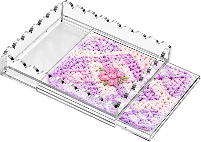 Scalloped Acrylic Tray for Needlepoint, 10" x 12" Clear Acrylic Display Tray with Slide Out Drawer for Insert Photos, Art, Fabric, Acrylic Organizer Decorative Tray for Home Decor