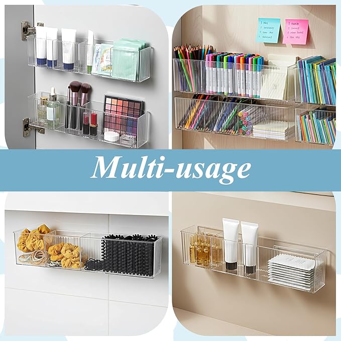 3 Pack Bathroom Makeup Organizer Long Narrow Clear Cabinet Door Organizer Wall Mount Clear Bathroom-Organizers and Storage with 3 Compartments Acrylic Shower Shelves for Kitchen & Bathroom,Office