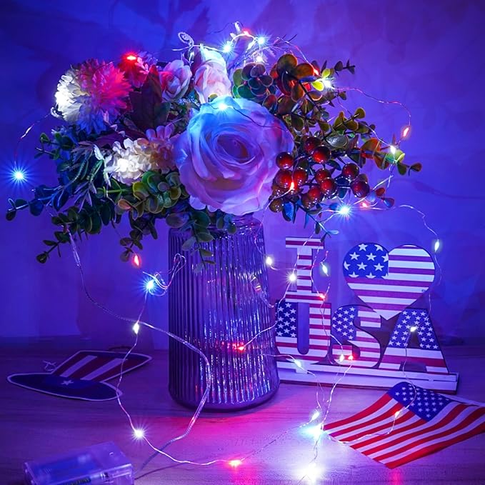 4th of July Decorations, 4 Pack Red White and Blue Fairy Lights Battery Operated with Timer, Waterproof 16FT 50 LED Starry String Lights for Independence Day 250th Anniversary Memorial Day Home Decor