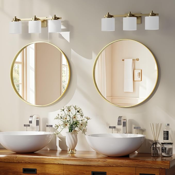 24 inch Round Bathroom Mirror, Gold Metal Deep Frame Wall Mounted Circle Mirror for Wall Decor, Living Room, Vanity, Entryway, Hanging or Leaning