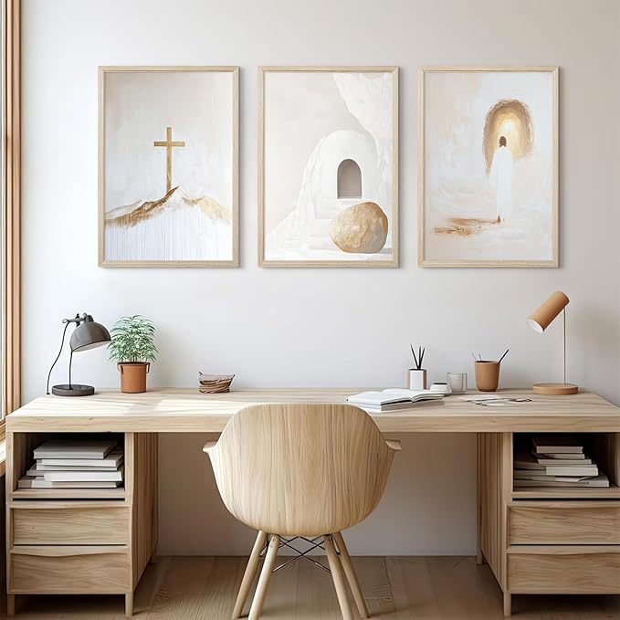 Jesus Christian Wall Art Gold Beige God Canvas Wall Decor He Is Risen Art Religious Christian Poster Modern Minimalist Cross Painting Artwork Jesus Picture Prints for Living Room 12x16x3 Inch Framed