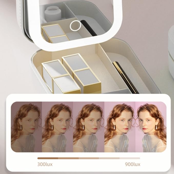 CRIVERY LED Three-Color Adjustable Makeup Mirror, Travel Portable Rechargeable Makeup Organizer with Led Lights, Waterproof Vanity Mirror Jewelry Box with Zipper, Multi-Compartment Storage (White)