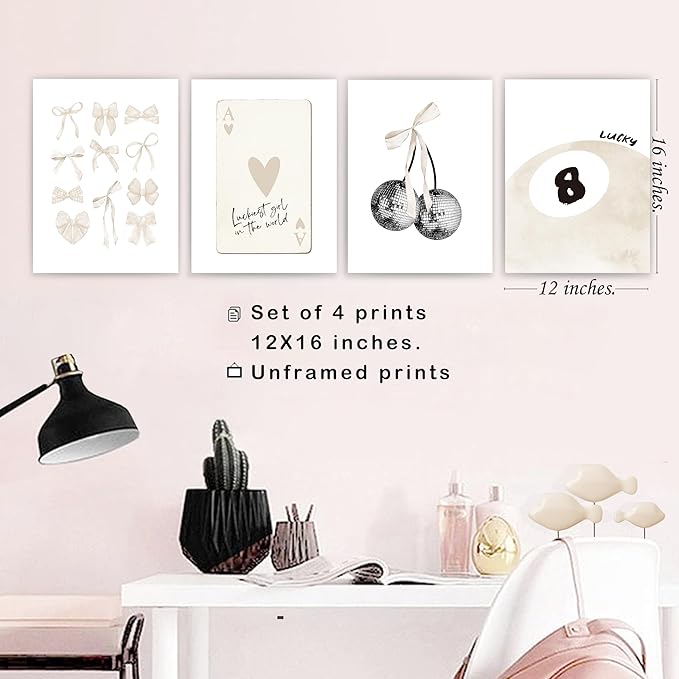 okaxscm Beige Coquette Trendy Preppy Wall Art Prints Set of 4,Coquette Room Decor, Preppy Room Decor Aesthetic,Beige Bow Disco 8 Ball Cherry Wall Decor Posters for Girls Bedroom Dorm, 12x16 Unframed