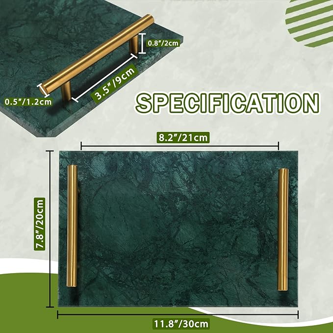 MAOPINER Marble Stone Decorative Perfume Tray with Copper Color Metal Handles, Handmade Jewellery Catchall Trinket Tray for Counter, Vanity, Dresser, Nightstand and Desk (Green)