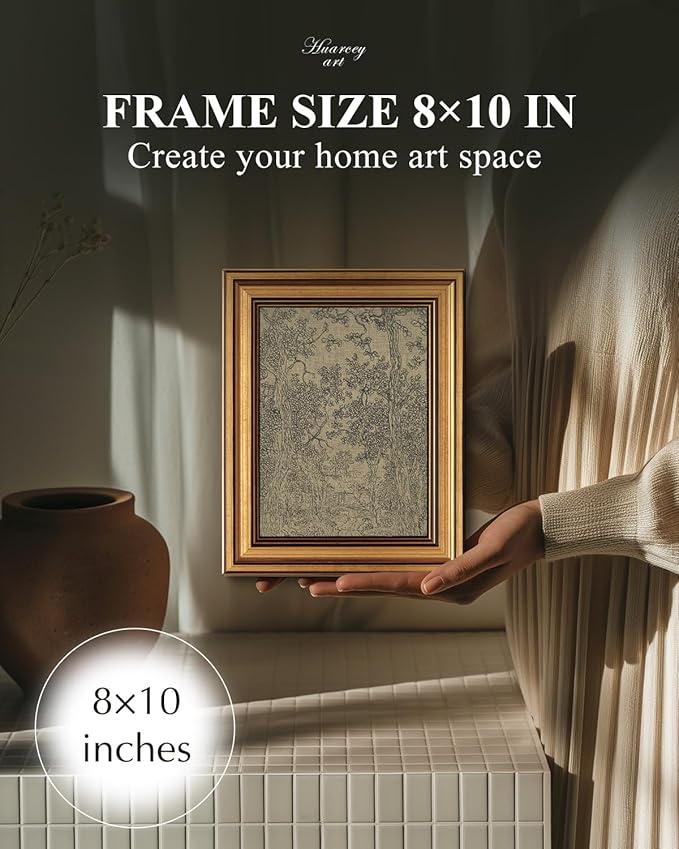 HUARCEY Gold Framed Canvas Wall Art, Antique Sketch Landscape Pictures Vintage Decor, Bedroom Kitchen Shelf Decor, Dark Moody Retro Country Farmhouse Canvas Paintings, 8x10inch