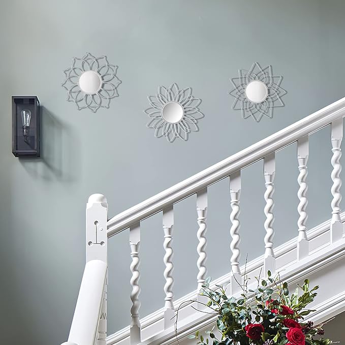 Silver Mirrors for Wall, 9 inch Metal Flower Mirrors Home Valentine Decoration, Valentine Wall Art Decorative Mirror Small Mirror for Living Room Bedroom, Entrance Set of 3