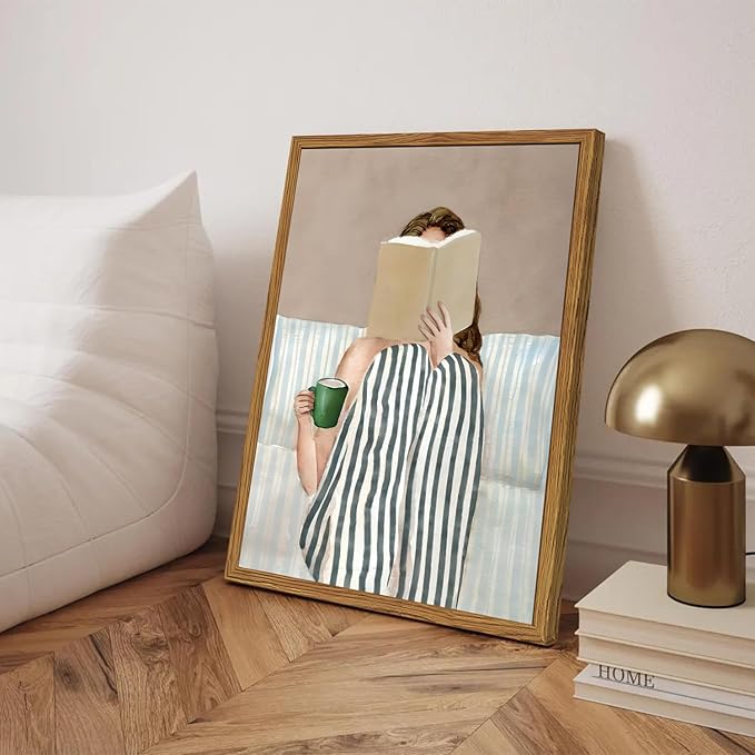 Framed Trendy Preppy Canvas Wall Art, Woman Reading Book with Coffee Pictures Wall Decor Paintings, Blue and White Striped Prints Girly Home Decor for Living Room Bedroom Dorm 16x24 inch