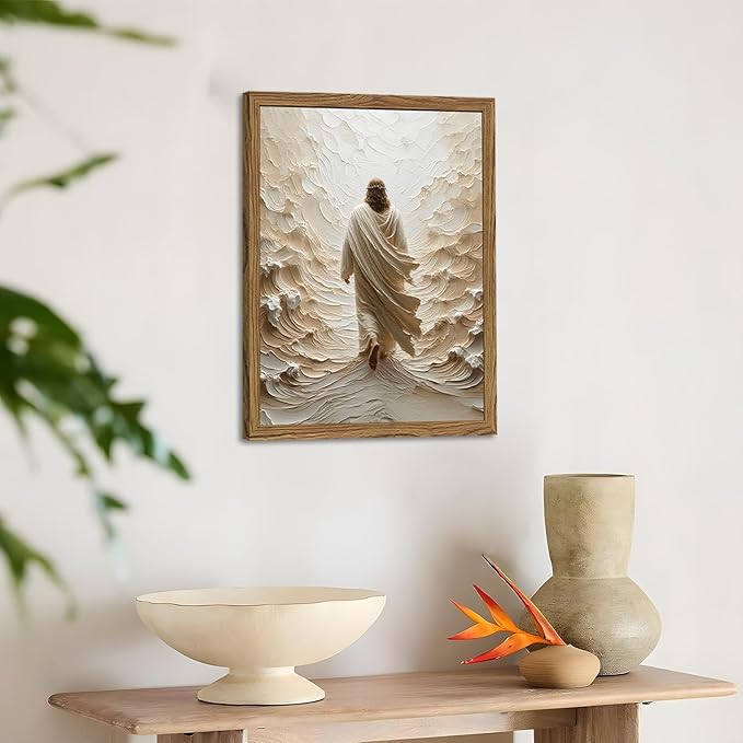 Jesus Walking on Water Wall Art, Frame 3D Textured Hand Drawn Sandstone Christian Wall Decor Paintings, Religious Spiritual Pictures for Living Prayer Room Bedroom 16x24 inch Wood Framed