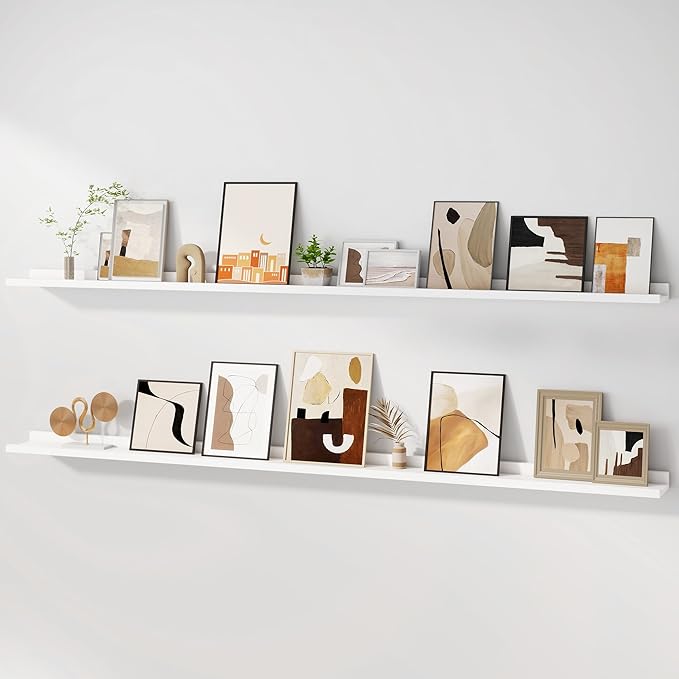 Fun Memories Picture Ledge Shelf, 60 Inch Floating Shelves Set of 2, Large Nursery Book Shelves for Toys Storage, Kids Bookshelf Wall Mounted for Wall Decor Books Photo Frames, White