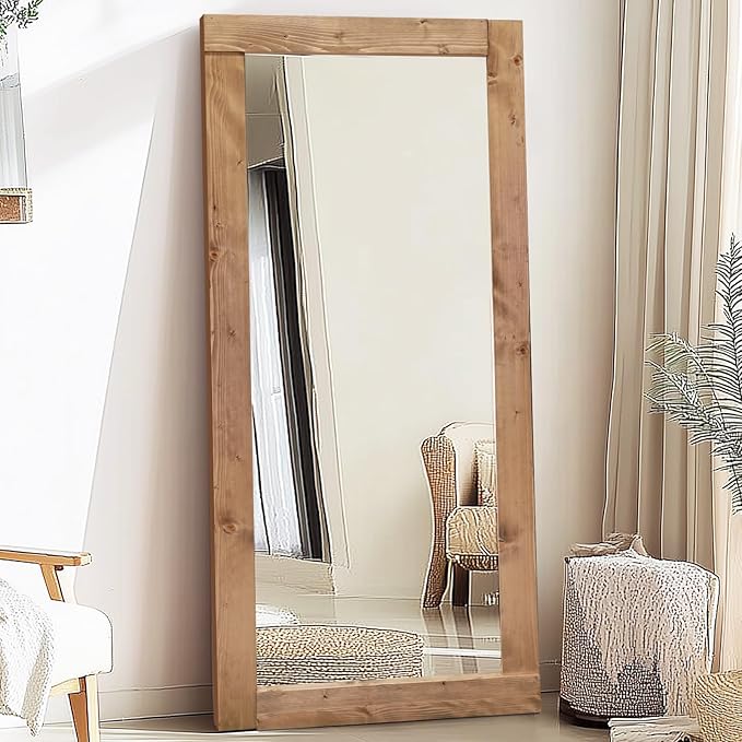 Full Length Mirror 71"x32" – Solid Wood Frame, HD Tempered Glass, Wall Mounted & Leaning, Rustic Modern Decor for Bedroom, Living Room, Entryway, Light Brown
