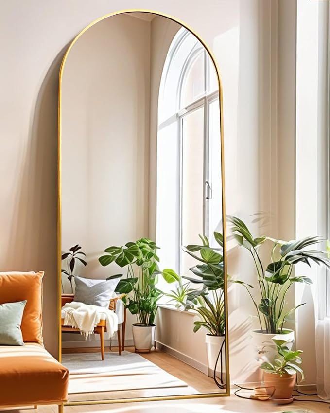 KOMCOTE 71x28 Inch Arched Floor Mirror - Full Length Gold Standing Mirror for Bedroom, Living Room, Dressing - Tall Leaner Mirror with Arch Design, Wall or Free-Standing Decor