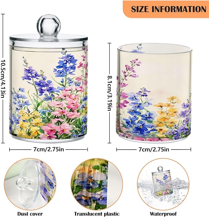 Nander 2Pack Beautiful Wildflowers Qtip Holder Dispenser -Clear Plastic Apothecary Jars Set - Restroom Bathroom Makeup Organizers Containers for Cotton Swab, Ball, Pads, Floss
