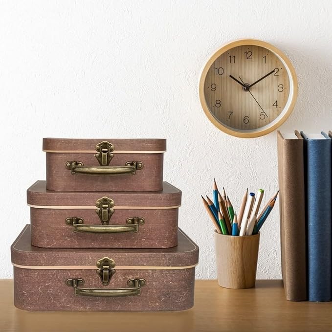 Vintage Decorative Storage Box Set of 3 with Lids, Keepsake & Photo Box, Brown Suitcase Memento Case
