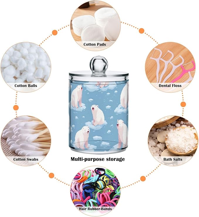 2 Pack Apothecary Jars Winter Blue Polar Bear Bathroom Vanity Storage Organizer Set,Small Clear Plastic Storage Jars Bathroom Canister for Cotton Swabs, Rounds, Balls, Qtips,Makeup Sponges, Flo