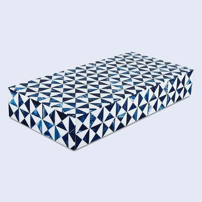 Handicrafts Home Blue and White Decorative Storage Box with Lid– Large Coffee Table Storage Box, Handmade Resin Inlay Wooden Box, Remote Control Organizer, Keepsake Box, Home Decor Storage Box-12x6x2