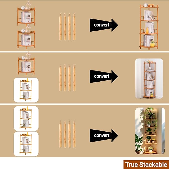 2Pcs 2-Tier Expandable Bamboo Corner Shelf Stand,Corner Bookshelf, Display Storage Shelves with Open Shelves, for Organization and Storage, Living Room, Home Office, Garage