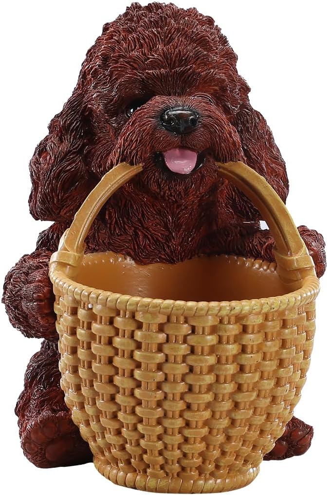 Chocolate Brown Teddy Poodle Candy Bowl, Resin Dog Figurine Key Bowl for Entryway Table, Desktop Storage Basket Organizer for Desk, Unique Dog Lover Gift