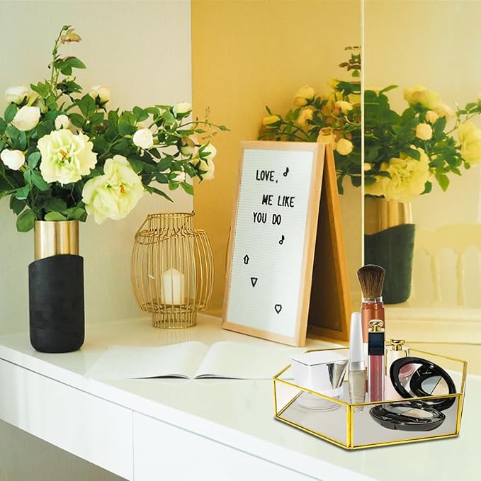 Hexagon Vintage Gold Mirror Glass Vanity Tray,Ornate Geometric and Brass Plated Display Storage Organizer for Makeup Brushes/Lipstick/Skincare/Perfumes/Beauty Room/Bathroom Accessories